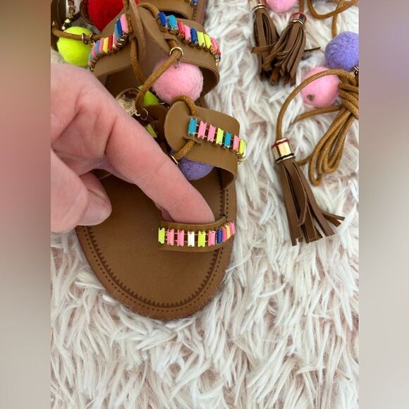 Mascotte NWOT Tan Colorful Pom Pom Coin Jewel Boho Tassel Lace Up Sandals Sz 7 - Picture 3 of 10